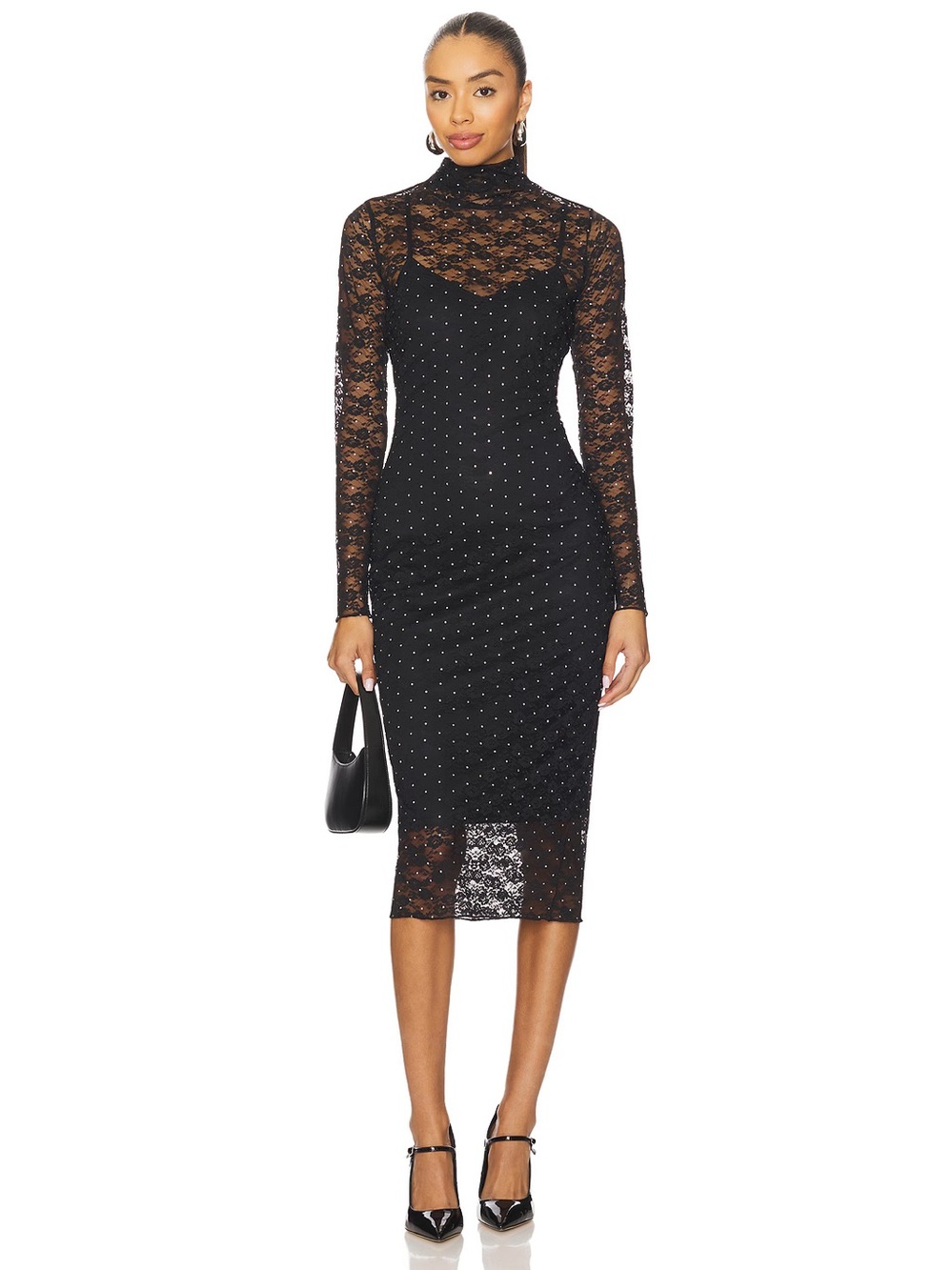 🆕 Steve Madden Vivienne Black Studded
Lace Mock Neck Modi Dress NWT SZ MED